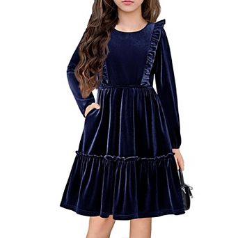 Arshiner Girl's Dress Vintage A-Line Long Sleeve Ruffle Swing Casual Velvet Dress with Pockets