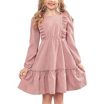 Arshiner Girl's Dress Vintage A-Line Long Sleeve Ruffle Swing Casual Velvet Dress with Pockets