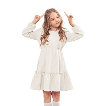 Arshiner Girl's Dress Vintage A-Line Long Sleeve Ruffle Swing Casual Velvet Dress with Pockets