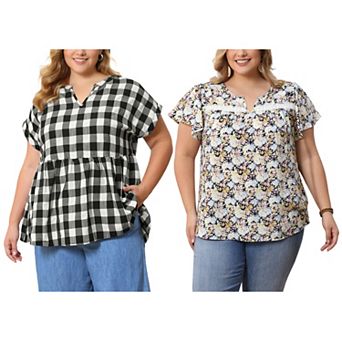 Women's Plus Size Two-Pack Notch V Neck Peplum Tops, Floral Print Top & Gingham Peplum Blouse