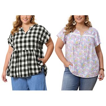 Women's Plus Size Two-Pack Notch V Neck Peplum Tops, Floral Print Top & Gingham Peplum Blouse