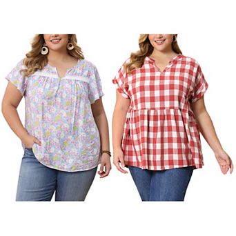 Women's Plus Size Two-Pack Notch V Neck Peplum Tops, Floral Print Top & Gingham Peplum Blouse