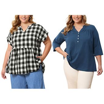 Women's Plus Size Two-Pack Blouses, Short Sleeve Babydoll Top & 3/4 Sleeve Pleated Front Blouse