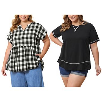 Women's Plus Size Two-Pack Casual Summer Blouses, Crew Neck & Notch V-Neck Short Sleeve Tops
