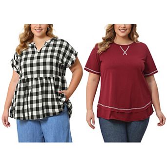 Women's Plus Size Two-Pack Casual Summer Blouses, Crew Neck & Notch V-Neck Short Sleeve Tops