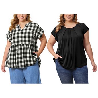 Women's Plus Size Two-Pack Blouses, Pleated Crew Neck & Peplum Notch V-Neck Short-Sleeve Tops