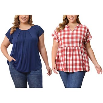 Women's Plus Size Two-Pack Blouses, Pleated Crew Neck & Peplum Notch V-Neck Short-Sleeve Tops