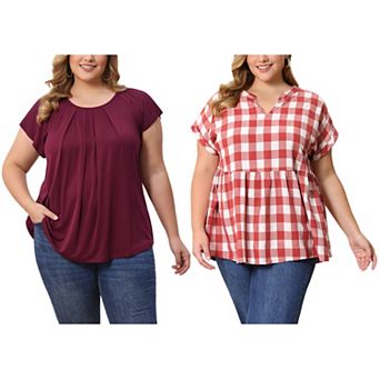 Women's Plus Size Two-Pack Blouses, Pleated Crew Neck & Peplum Notch V-Neck Short-Sleeve Tops