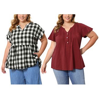 Women's Plus Size Two-Pack Summer Blouses, Pintuck Henley Top & Gingham Peplum Top