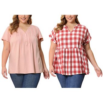 Women's Plus Size Two-Pack Summer Blouses, Pintuck Henley Top & Gingham Peplum Top