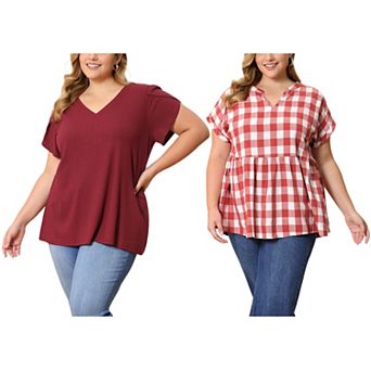 Women's Plus Size Two-Pack Blouses, Gingham Peplum Top & V Neck Tulip Seeve Top