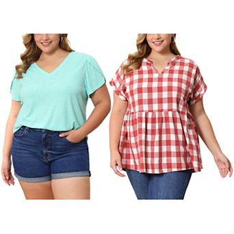 Women's Plus Size Two-Pack Blouses, Gingham Peplum Top & V Neck Tulip Seeve Top