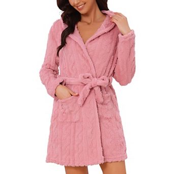 Women's Hooded Bathrobes Short Cozy Plush Robes with Pockets Warm Lightweight Sleepwear