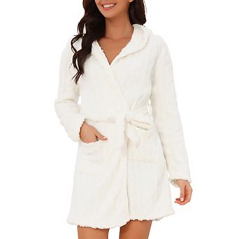 Women's Hooded Bathrobes Short Cozy Plush Robes with Pockets Warm Lightweight Sleepwear