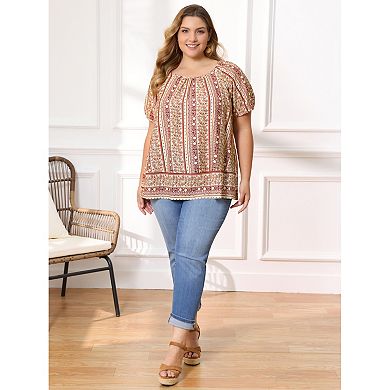 Women's Plus Size Two-Pack Summer Blouses, Gingham Peplum Top & Boho Printed Pintuck Top