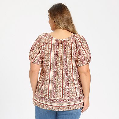 Women's Plus Size Two-Pack Summer Blouses, Gingham Peplum Top & Boho Printed Pintuck Top