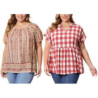 Women's Plus Size Two-Pack Summer Blouses, Gingham Peplum Top & Boho Printed Pintuck Top