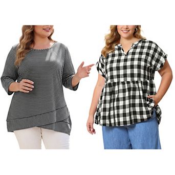 Women's Plus Size Two-Pack Blouses, Gingham Peplum Short Sleeve Blouse & Striped 3/4 Sleeve Tunic