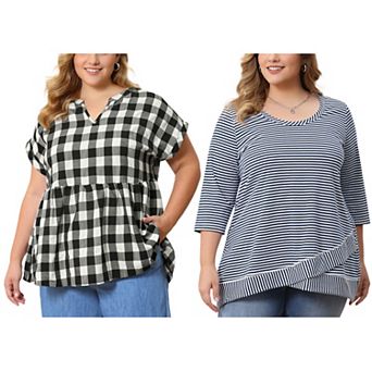 Women's Plus Size Two-Pack Blouses, Gingham Peplum Short Sleeve Blouse & Striped 3/4 Sleeve Tunic