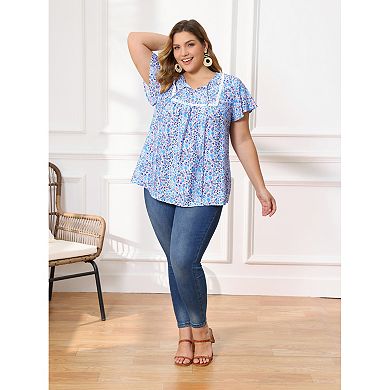 Women's Plus Size Two-Pack Pattern Design Blouses, Floral Pintuck Blouse & Gingham Peplum Top