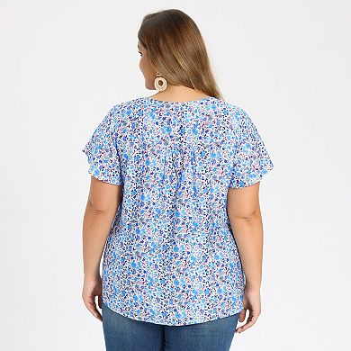 Women's Plus Size Two-Pack Pattern Design Blouses, Floral Pintuck Blouse & Gingham Peplum Top