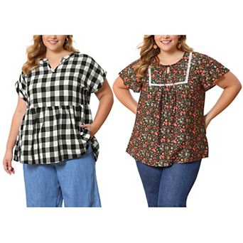 Women's Plus Size Two-Pack Pattern Design Blouses, Floral Pintuck Blouse & Gingham Peplum Top