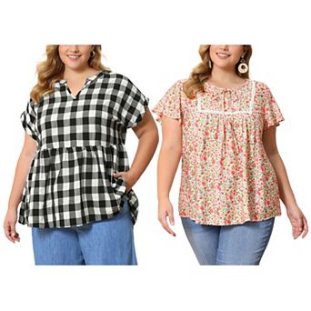 Women's Plus Size Two-Pack Pattern Design Blouses, Floral Pintuck Blouse & Gingham Peplum Top