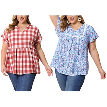 Women's Plus Size Two-Pack Pattern Design Blouses, Floral Pintuck Blouse & Gingham Peplum Top