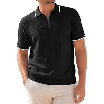 Men's Textured Knit Polo Shirt Short Sleeve Quarter Zip Jacquard Golf Shirts