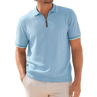 Men's Textured Knit Polo Shirt Short Sleeve Quarter Zip Jacquard Golf Shirts