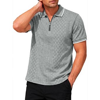 Men's Textured Knit Polo Shirt Short Sleeve Quarter Zip Jacquard Golf Shirts