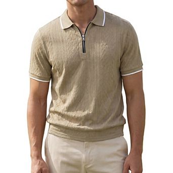 Men's Textured Knit Polo Shirt Short Sleeve Quarter Zip Jacquard Golf Shirts
