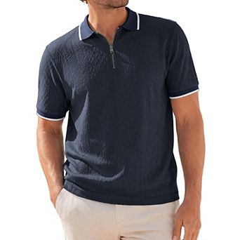 Men's Textured Knit Polo Shirt Short Sleeve Quarter Zip Jacquard Golf Shirts