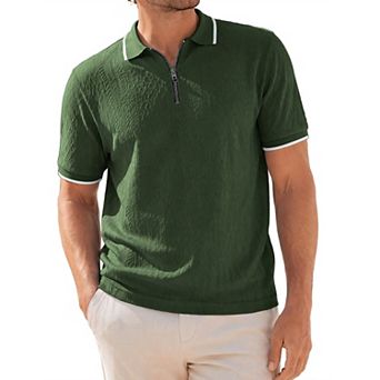 Men's Textured Knit Polo Shirt Short Sleeve Quarter Zip Jacquard Golf Shirts