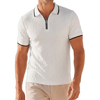 Men's Textured Knit Polo Shirt Short Sleeve Quarter Zip Jacquard Golf Shirts