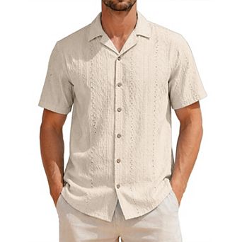 Men's Hollow Knit Shirt Short Sleeve Button Down Texture Breathable Summer Beach Shirts