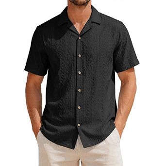 Men's Hollow Knit Shirt Short Sleeve Button Down Texture Breathable Summer Beach Shirts