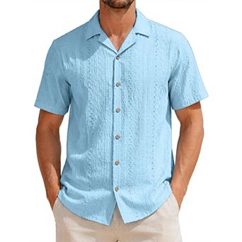 Men's Hollow Knit Shirt Short Sleeve Button Down Texture Breathable Summer Beach Shirts