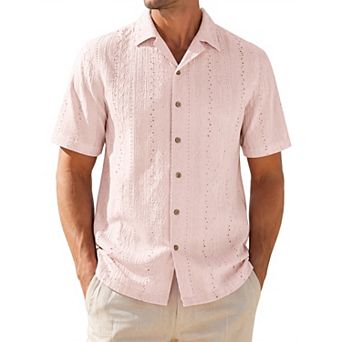 Men's Hollow Knit Shirt Short Sleeve Button Down Texture Breathable Summer Beach Shirts