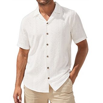 Men's Hollow Knit Shirt Short Sleeve Button Down Texture Breathable Summer Beach Shirts