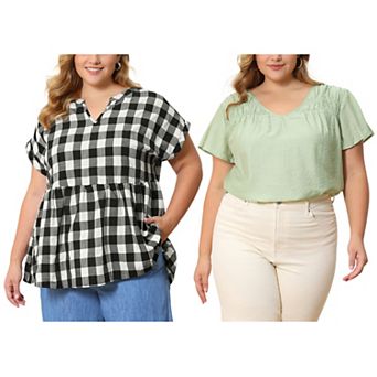 Women's Plus Size Two-Pack Blouses, Smocked V Neck Top & Gingham Notch V-Neck Blouse