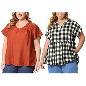 Women's Plus Size Two-Pack Blouses, Smocked V Neck Top & Gingham Notch V-Neck Blouse