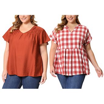 Women's Plus Size Two-Pack Blouses, Smocked V Neck Top & Gingham Notch V-Neck Blouse