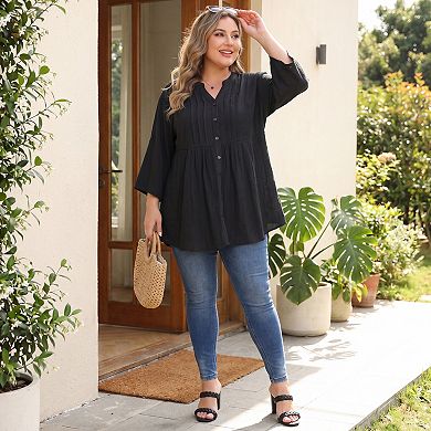 Women's Plus Size Two‑Pack Blouses, Gingham Peplum Top & Button‑Front Pintuck 3/4 Sleeve Blouse