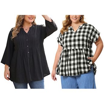 Women's Plus Size Two‑Pack Blouses, Gingham Peplum Top & Button‑Front Pintuck 3/4 Sleeve Blouse