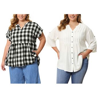 Women's Plus Size Two‑Pack Blouses, Gingham Peplum Top & Button‑Front Pintuck 3/4 Sleeve Blouse