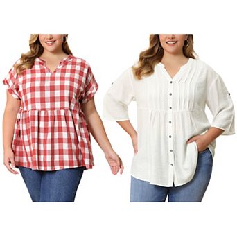 Women's Plus Size Two‑Pack Blouses, Gingham Peplum Top & Button‑Front Pintuck 3/4 Sleeve Blouse