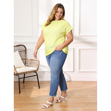 Women's Plus Size Two‑Pack Blouses, Pointelle Knit Boat Neck Top & Gingham Peplum Blouse