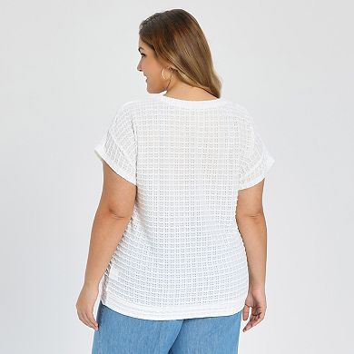 Women's Plus Size Two‑Pack Blouses, Pointelle Knit Boat Neck Top & Gingham Peplum Blouse