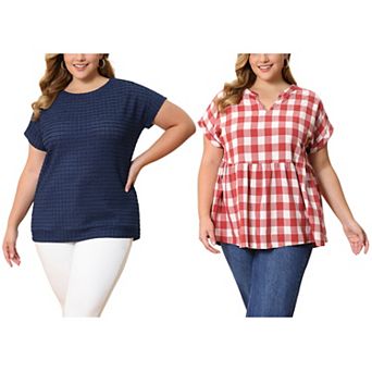 Women's Plus Size Two‑Pack Blouses, Pointelle Knit Boat Neck Top & Gingham Peplum Blouse